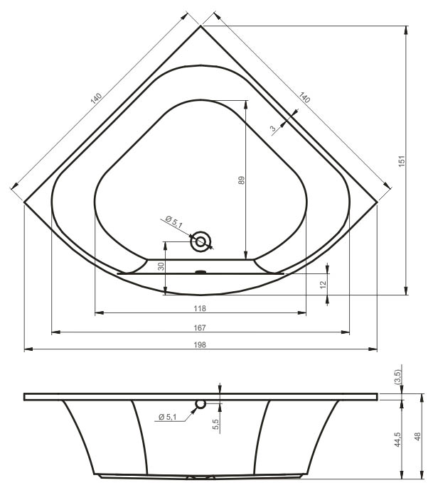 Ванна акриловая RIHO Atlanta 140x140 без гидромассажа BB7000500000000