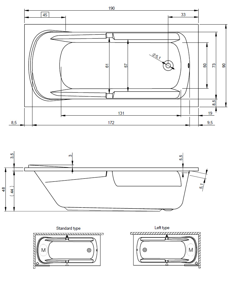 Ванна акриловая RIHO Future XL 190x90 без гидромассажа BC3200500000000