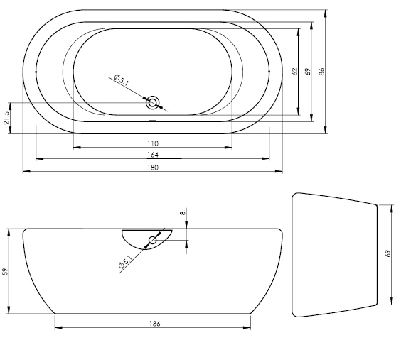 Ванна акриловая RIHO Dua FS 180x86 цветная панель без гидромассажа BD01XXX00000000