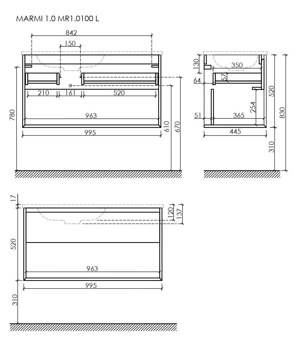 MR1.0100LEG Ceramica Nova Тумба подвесная SANCOS Marmi 1.0 левая, 995х445, дуб галифакс натуральный