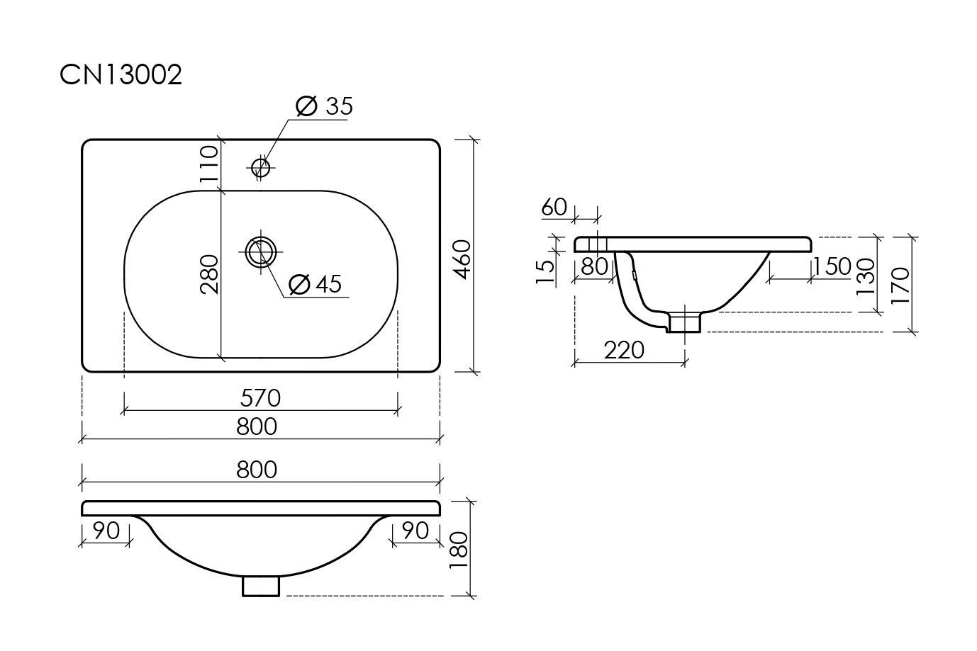 CN13002 Ceramica Nova Раковина накладная Sabo 800x460x130 белый