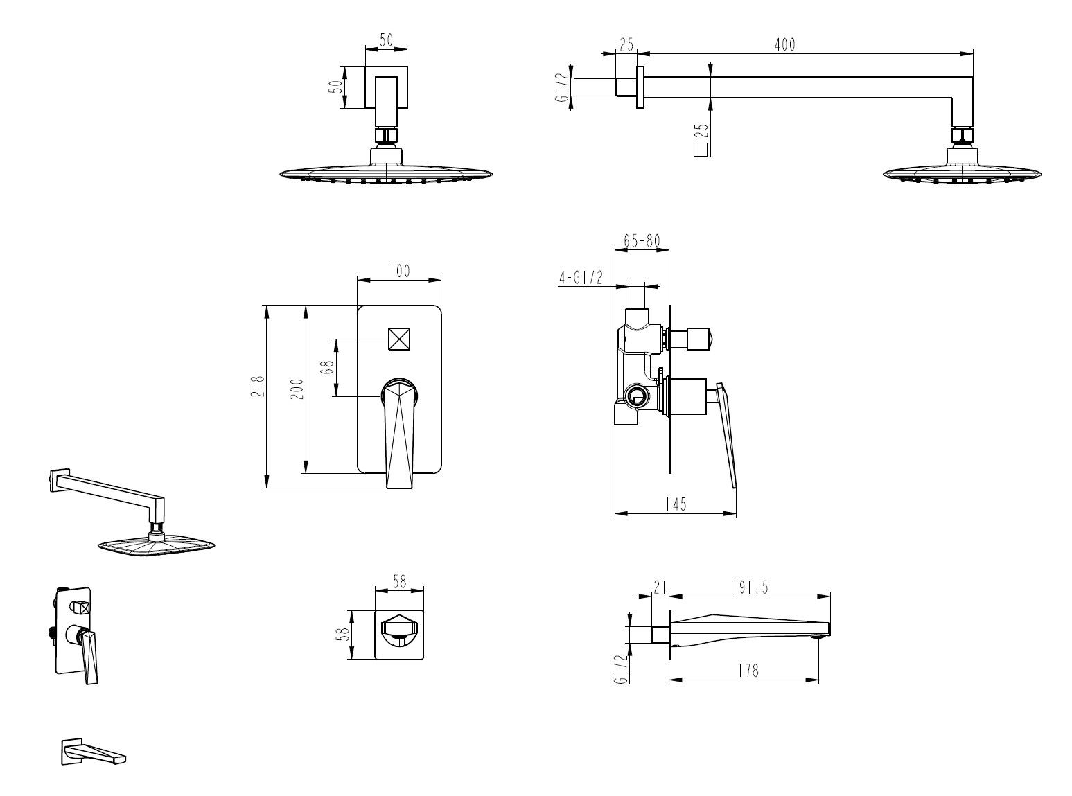 374-SGM-2 Boheme Смеситель встроенный + верхний душ + ручной душ с изливом Shine Gun Metall