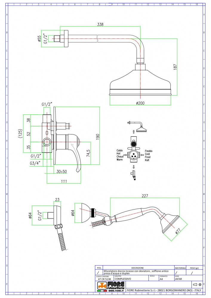 Fiore Jafar, душевой комплект на 2 потребителя: с круглым верхним душем 20 см и кронштейном 35 см, цвет хром