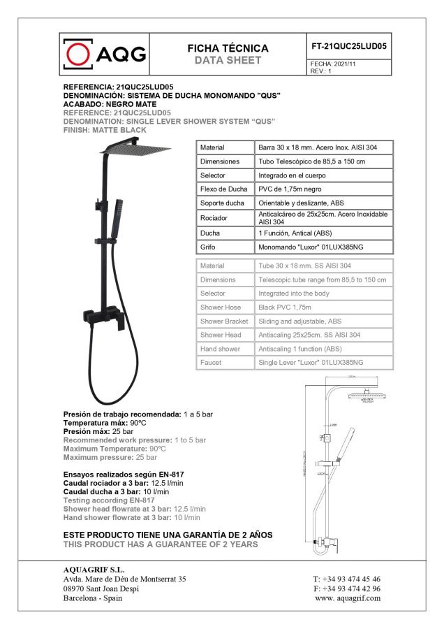 AQG Bold, душевая колонна регулируемая по высоте 78,5-143 см, cо смесителем и квадратным верхним душем 25х25 см, цвет черный матовый
