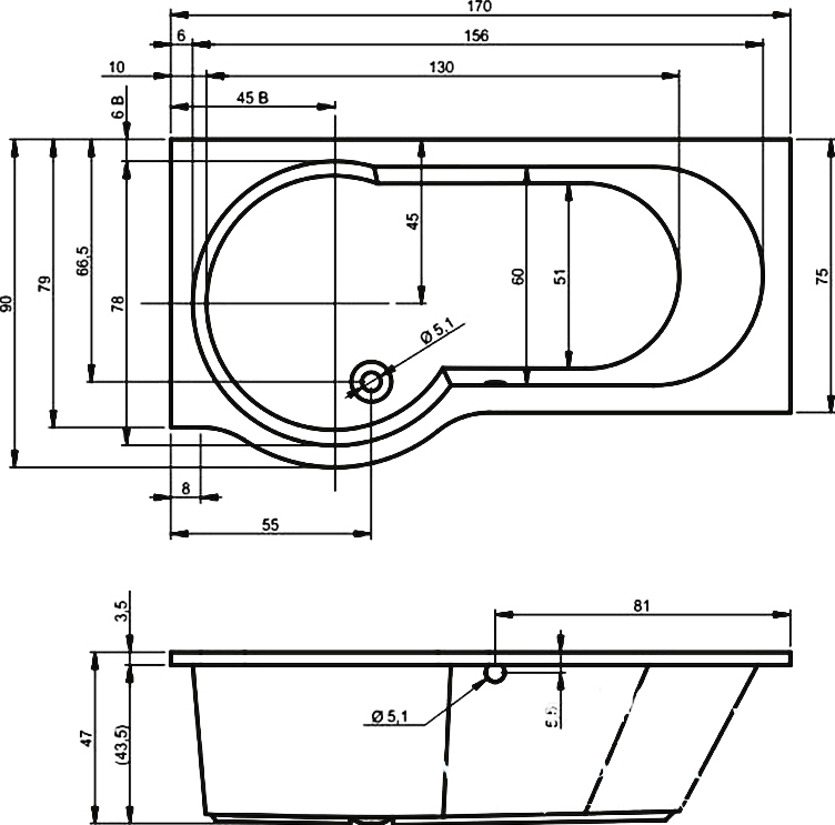 Ванна акриловая RIHO Dorado 170x75/90 R без гидромассажа BA8000500000000