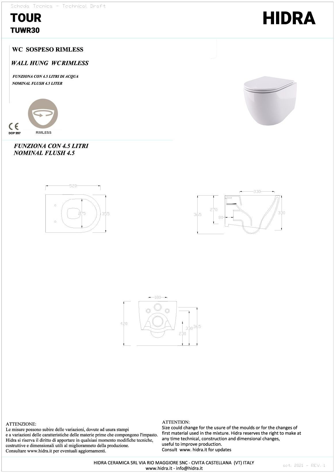 TUWR30SET/001 Hidra Gio, подвесной безободковый унитаз c сиденье микролифт, 52 см, цвет белый глянцевый